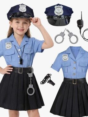 Girls Police Officer Costume Set - Light Blue and Black Fits 5-6 Year Olds
